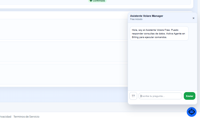 Chat real del asistente Volare Manager dentro del sistema