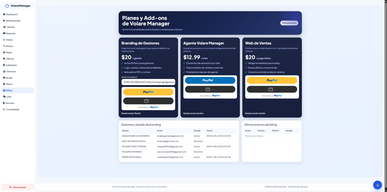 Pantalla real de planes y add-ons de Volare Manager