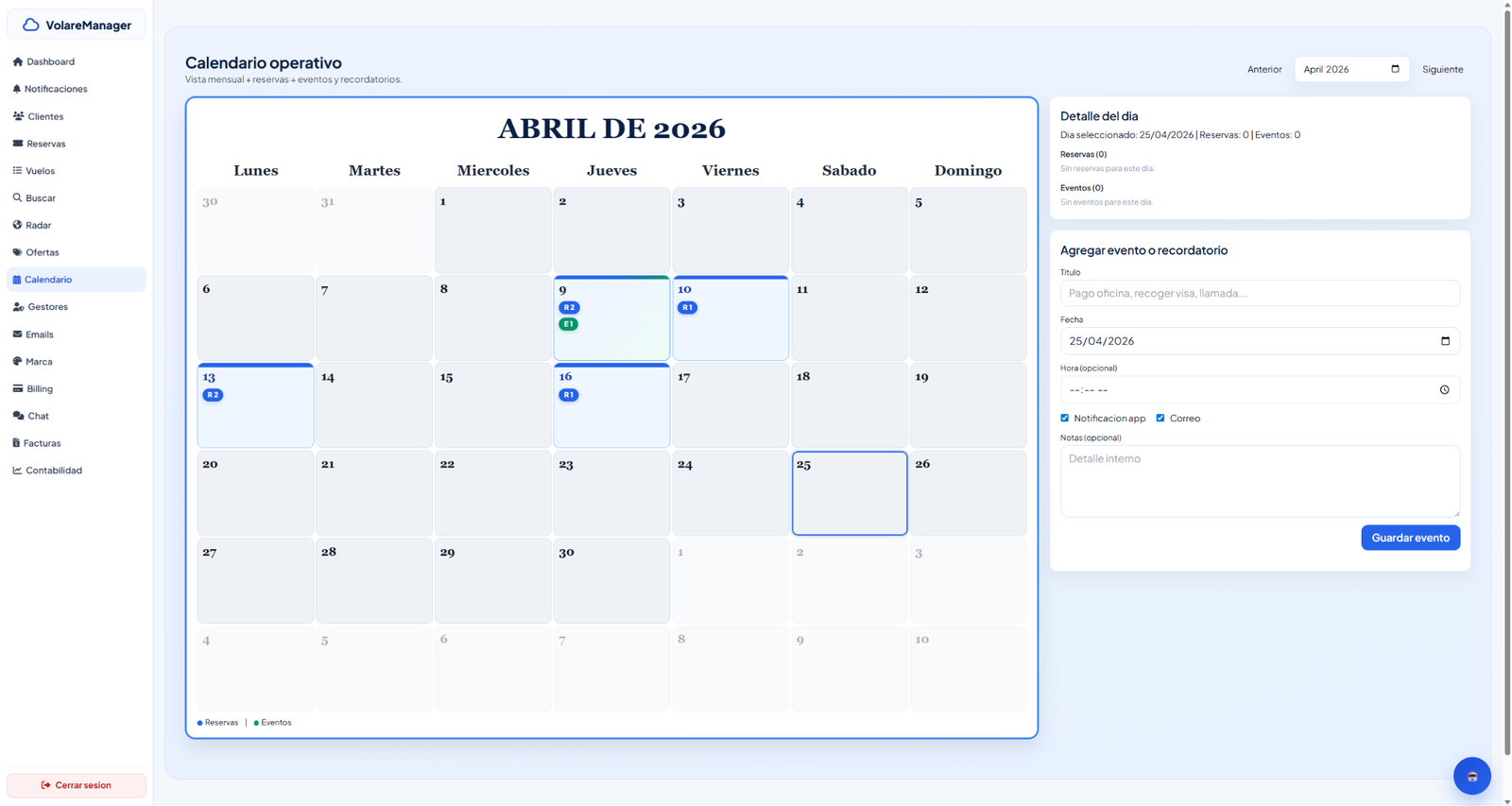 Calendario operativo real de Volare Manager