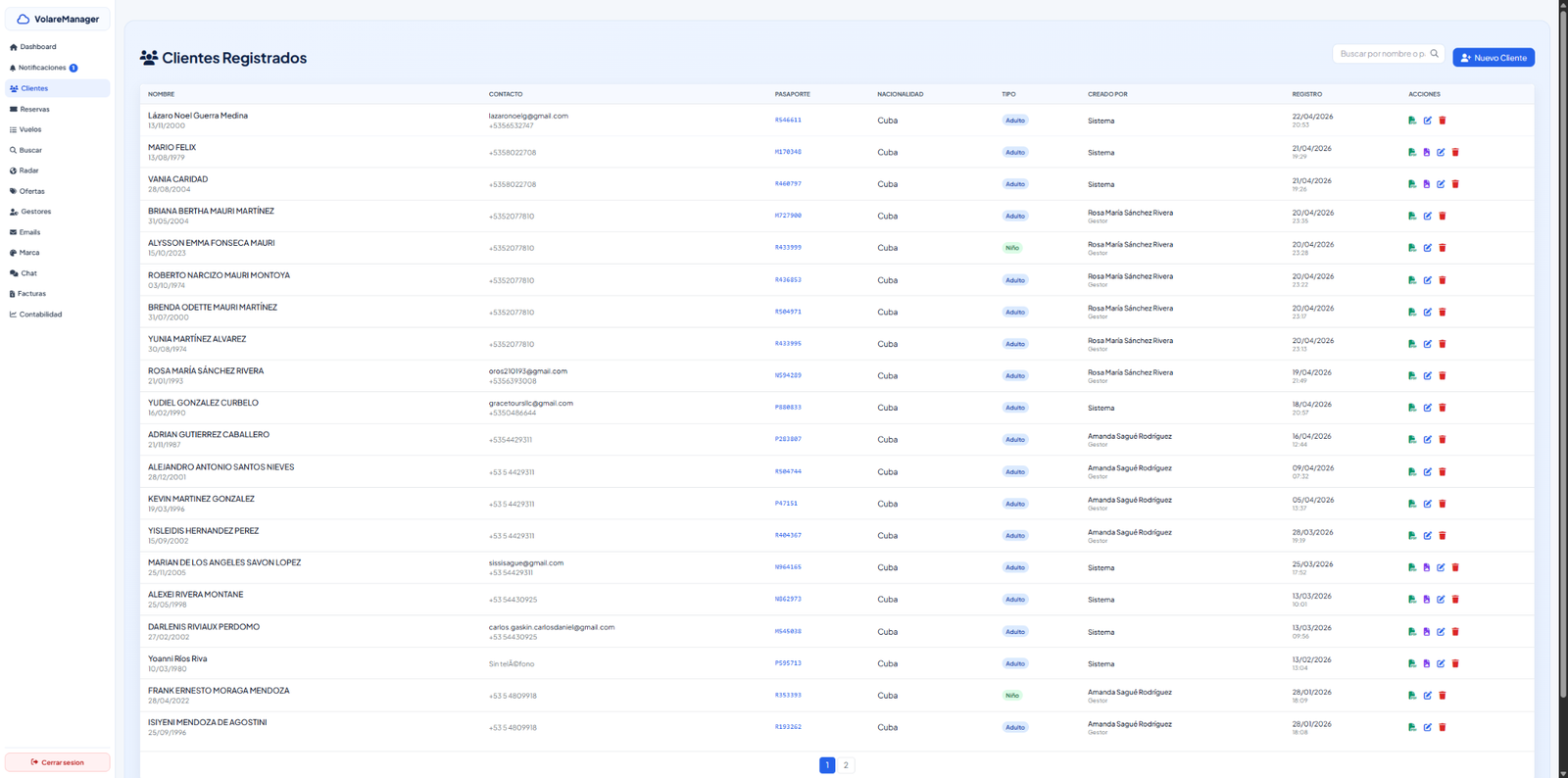 Módulo real de clientes registrados en Volare Manager