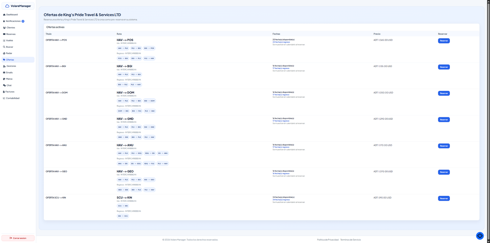 Página de ofertas reales conectada a Volare Manager