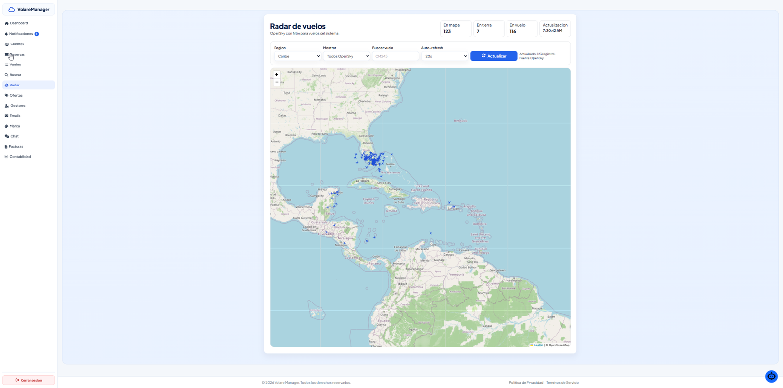 Radar de vuelos real en Volare Manager