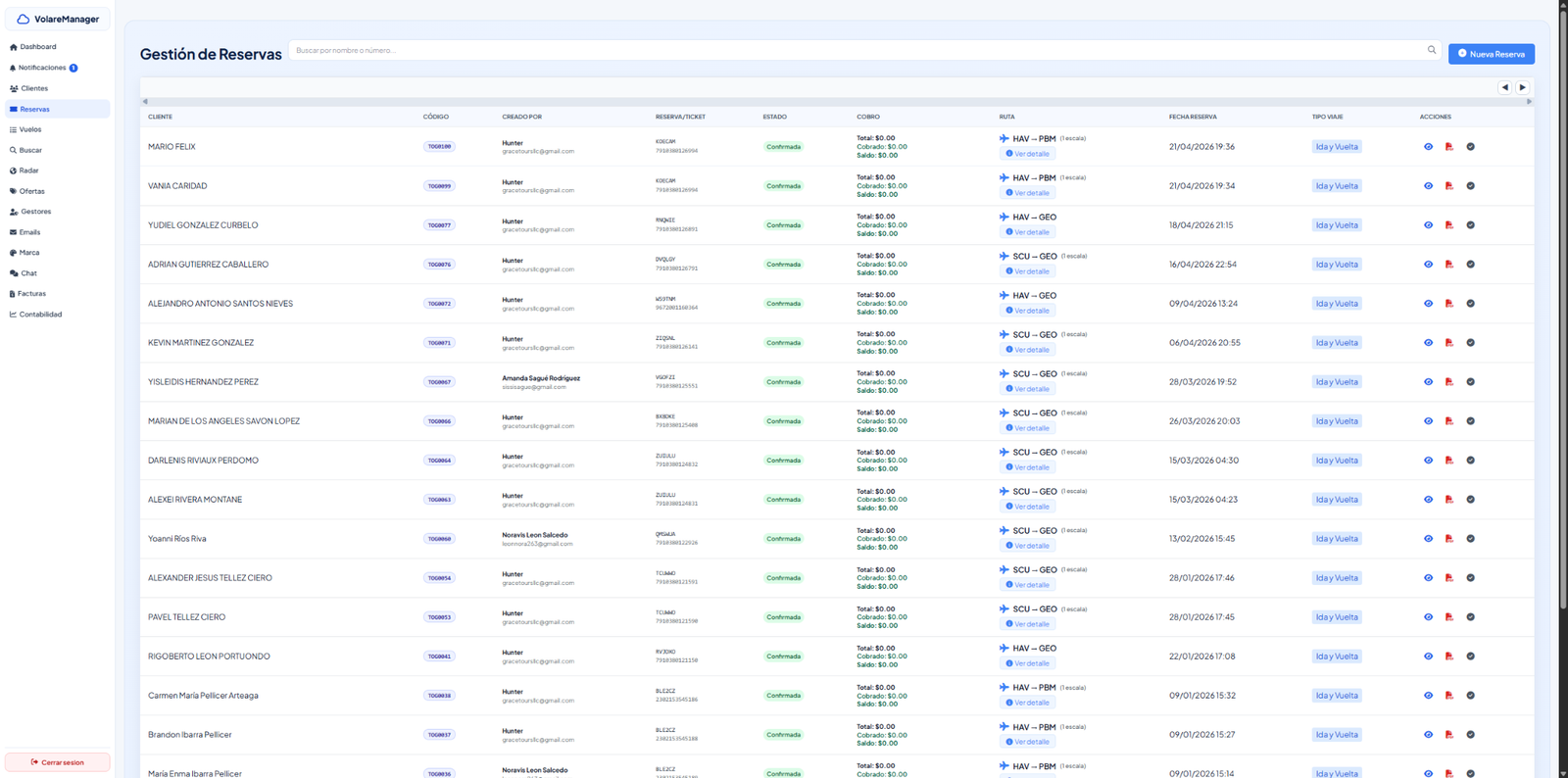 Módulo real de gestión de reservas en Volare Manager